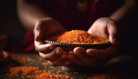 One person holding organic spice, preparing healthy vegetarian meal indoors generated by artificial intelligenceの素材