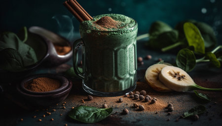 Rustic table holds gourmet dessert with organic ingredients and spices generated by artificial intelligenceの素材