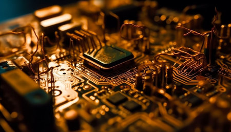 Complexity of the electronics industry shown in close up circuit board generated by artificial intelligenceの素材