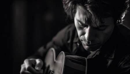 One man, alone, holding guitar, plucking chords, finding solace generated by artificial intelligenceの素材