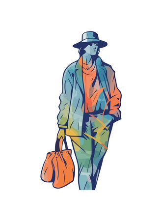 Fashionable woman walking with leather bag outdoorsのイラスト素材