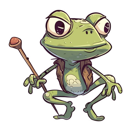 Smiling toad mascot sitting with magic wandのイラスト素材
