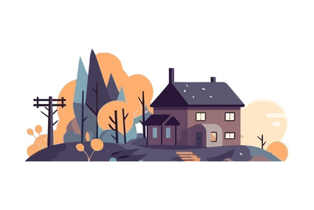 landscape with cute cartoon cottageのイラスト素材