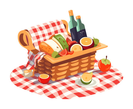 Gourmet picnic meal with fresh fruit and wineのイラスト素材