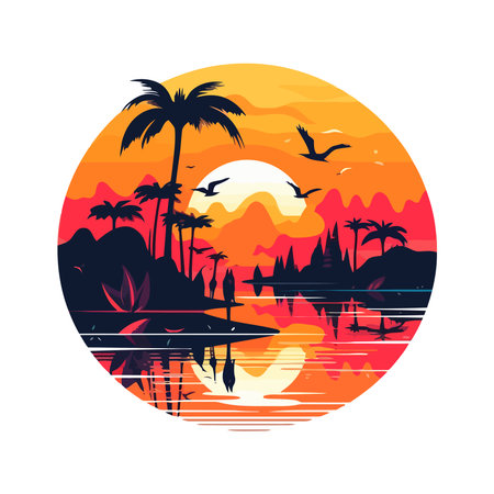 landscape, palm tree and birds sunset backdropのイラスト素材