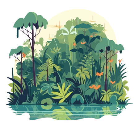 Jungle trees, river and greenery foliageのイラスト素材