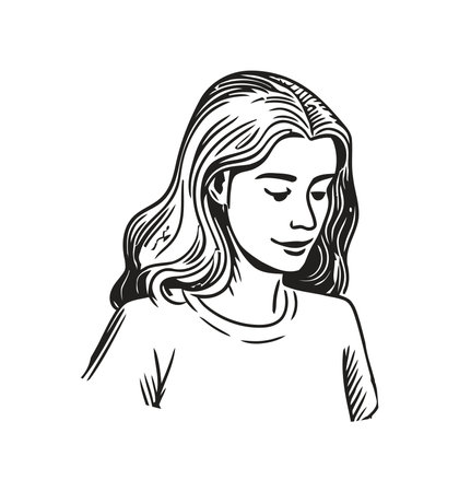 Smiling woman in black and white sketchのイラスト素材
