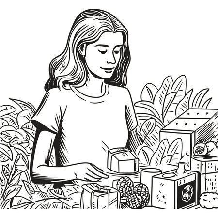 Smiling girl holds gift, surrounded by flowersのイラスト素材