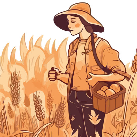 Farm worker holding ripe wheat in meadowのイラスト素材
