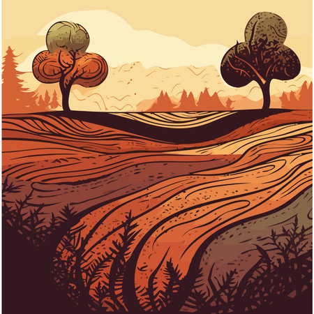 Rural scene with sunset, farm growth and natureのイラスト素材