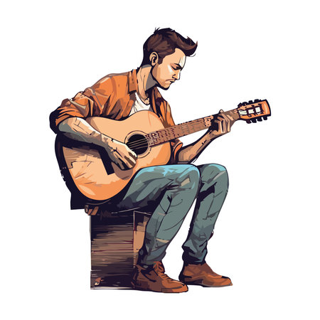 guitarist plucking strings on acoustic guitarのイラスト素材