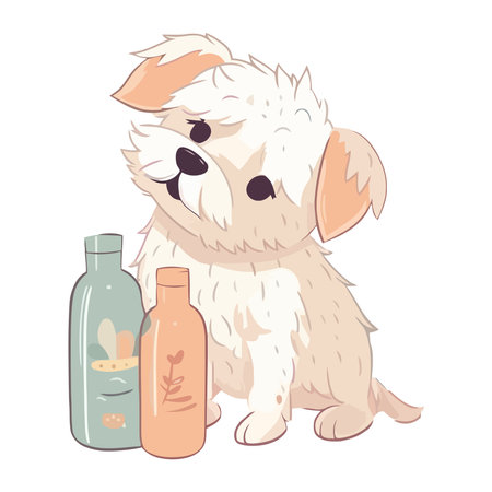Cute puppy sitting with shampoo bottlesのイラスト素材