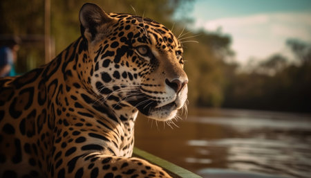 Majestic tiger staring, beauty in nature, wildlife reserve, animal wildlife generated by artificial intelligenceの素材