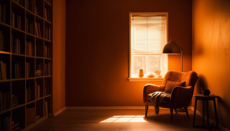 Comfortable modern living room with elegant bookshelf and yellow accents generated by artificial intelligenceの素材