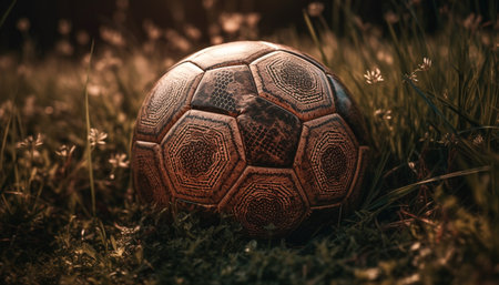 Small leather soccer ball on green grass with playful turtle generated by artificial intelligenceの素材