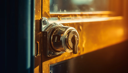 Shiny metal doorknob reflects sunlight in old fashioned domestic room generated by artificial intelligenceの素材