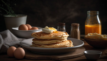 Stack of homemade pancakes on wooden table with syrup drizzle generated by artificial intelligenceの素材