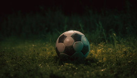 Success in soccer championship with shiny leather ball at sunset generated by artificial intelligenceの素材