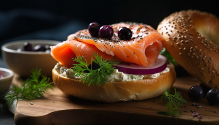 Organic brunch buffet smoked salmon, grilled fillet, and fresh vegetables generated by artificial intelligenceの素材