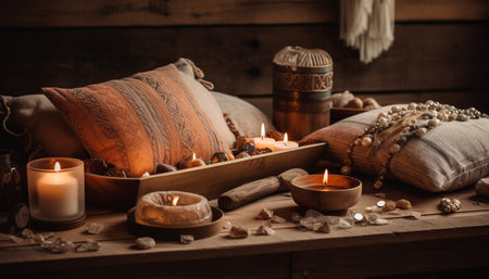 Luxury candle burning in comfortable, rustic living room for relaxation generated by artificial intelligenceの素材