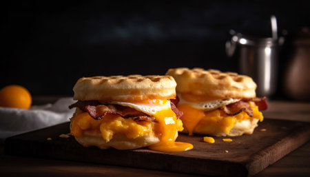 Grilled gourmet sandwich with bacon, pork, and melted cheddar cheese generated by artificial intelligenceの素材