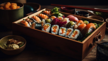 Gourmet seafood meal on wood plate with chopsticks and rice generated by artificial intelligenceの素材