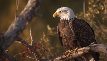Majestic bald eagle perching on branch, focus on foreground generated by artificial intelligenceの素材