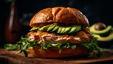 Grilled meat sandwich on rustic wood plate, fresh and gourmet generated by artificial intelligenceの素材