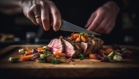 Grilled steak slice, cooked to perfection, ready to eat main course generated by artificial intelligenceの素材