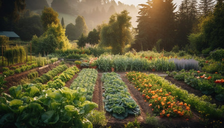 Vibrant green leaves and purple flowers in a vegetable garden generated by artificial intelligenceの素材