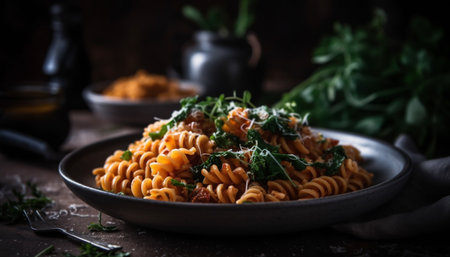Healthy vegetarian pasta meal with fresh tomato sauce and herbs generated by artificial intelligenceの素材