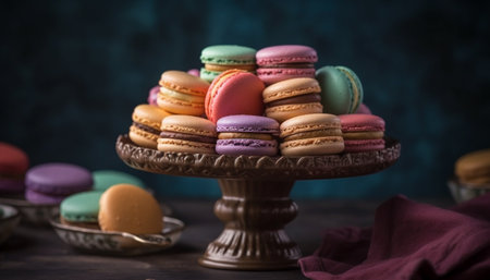 Multi colored macaroons stacked on rustic wood table, a gourmet indulgence generated by artificial intelligenceの素材