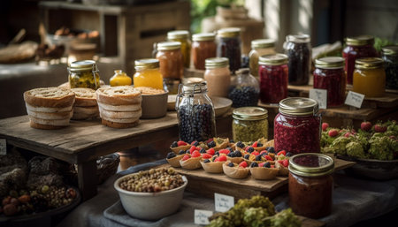 Abundance of fresh, organic vegetables in rustic wooden jar generated by artificial intelligenceの素材