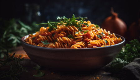 Healthy pasta meal on rustic wood table with fresh ingredients generated by artificial intelligenceの素材