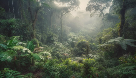 Tropical rainforest mystery wet ferns, dark trees, and spooky fog generated by artificial intelligenceの素材