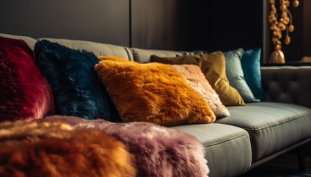 Luxury modern living room with comfortable sofa and elegant decor generated by artificial intelligenceの素材