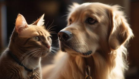 Cute puppy and playful kitten, best friends forever, smiling outdoors generated by artificial intelligenceの素材