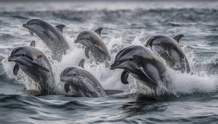 Playful dolphins jumping in the blue sea, enjoying summer fun generated by artificial intelligenceの素材