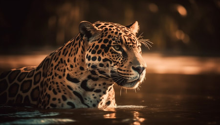 Majestic big cat staring, danger in its eyes, hunting prey generated by artificial intelligenceの素材