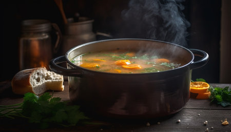 Healthy vegetable stew cooked in rustic kitchen with fresh ingredients generated by artificial intelligenceの素材