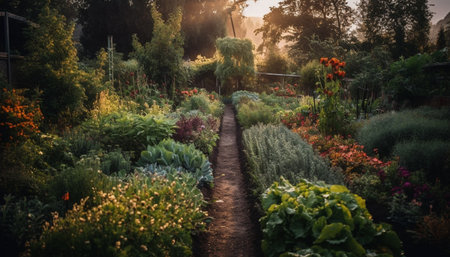 Tranquil scene of multi colored flowers in landscaped formal garden generated by artificial intelligenceの素材
