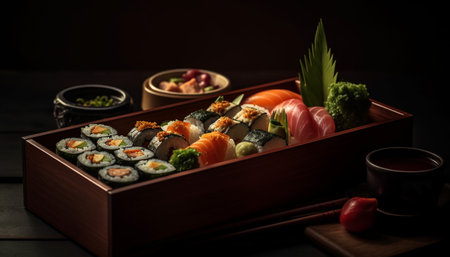Fresh seafood meal on plate with chopsticks, sushi and sashimi generated by artificial intelligenceの素材