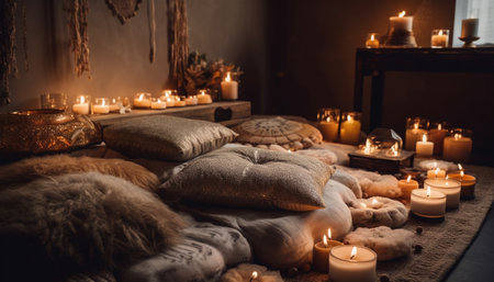 Luxury candle illuminates modern living room for cozy winter relaxation generated by artificial intelligenceの素材