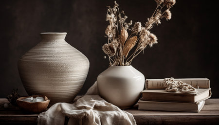 Antique vase holds rustic flower arrangement on wooden table indoors generated by artificial intelligenceの素材