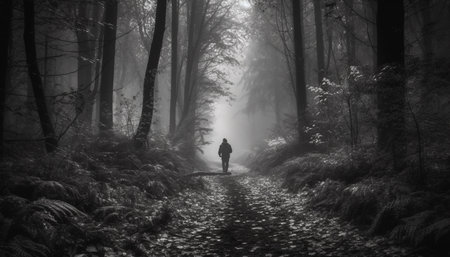 One person hiking in foggy forest, a mysterious adventure generated by artificial intelligenceの素材