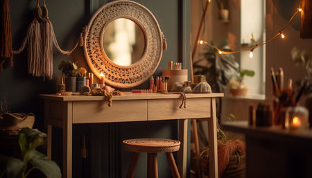 Modern design meets rustic elegance in comfortable domestic living room generated by artificial intelligenceの素材