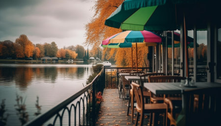 Autumn table set in nature with yellow leaves and chair generated by artificial intelligenceの素材