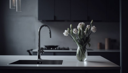 Fresh tulip in modern kitchen, elegance and simplicity combined generated by artificial intelligenceの素材