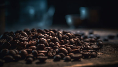 Freshly ground coffee bean heap on rustic wooden coffee table generated by artificial intelligenceの素材