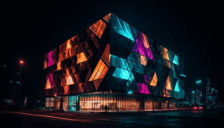 Vibrant city skyline illuminated by multi colored lights at night generated by artificial intelligenceの素材